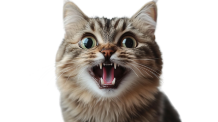 A close-up shot of a tabby cat with wide eyes and open mouth, showing teeth, expressing excitement or playfulness.