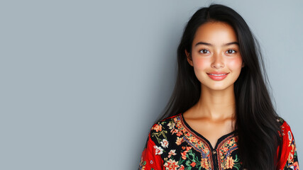 Fototapeta premium Indonesian woman wearing traditional huipil tunic mexican guatemala cloth