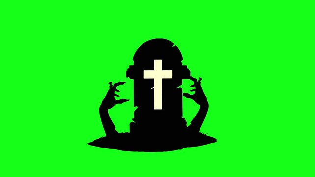 Tombstone, Gravestone, Headstone with zombie hand vector animation on green screen. Looping vector animation for Halloween, scary, spooky, horror editing