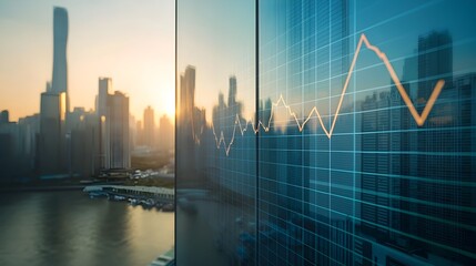 Line Graph Projected on Glass Window with Urban Skyline in Background Showcasing Correlation Between Development and Population Growth
