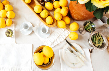 Close-up of vintage plates with fresh and juicy lemons