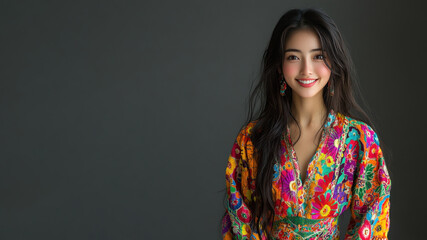 Fototapeta premium Japanese woman wearing traditional huipil tunic mexican guatemala cloth