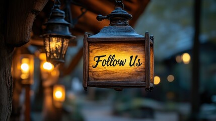 Beautiful vintage lanterns illuminating a wooden sign with the phrase Follow Us written, creating a...