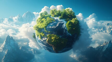 Detailed globe with flourishing plants trees and mountains floating in a blue sky The design emphasizes safe environmental practices with space for an Earth Day ecological message banner