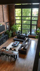 Fototapeta premium Modern living room with large windows and plants