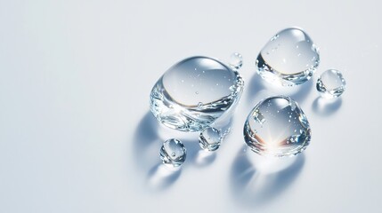 A cluster of water drops on a bright white surface, with intricate light reflections and soft shadows, creating a natural harmony, top view