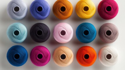 Fototapeta premium A collection of vibrant, multicolored sewing threads neatly arranged on a pristine white surface, casting soft shadows. Top-down view for precise color contrast