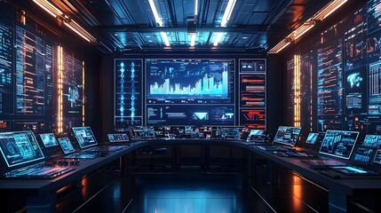 Futuristic AI Driven Marketing Control Center Monitoring Real Time Data and Adjusting Strategies