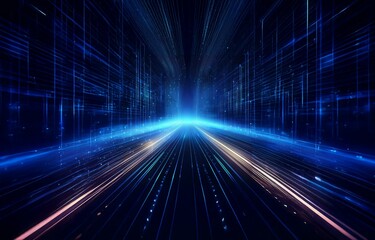 A digital abstract of glowing blue lines converge into a vanishing point, creating a futuristic tunnel effect.