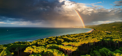 Obraz premium tramonto con nuvole minacciose e sole. pineta di pino marittimo in toscana, arcobaleno. visto dall'alto. vicino al mare