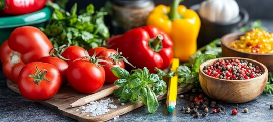 Fresh, Vibrant Ingredients Tomatoes, Bell Peppers, and Spices on a Rustic Kitchen Table