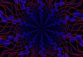 Eye-catching background with optical effect of depth created by red and blue on black color. Creative backdrop for poster or cover design.