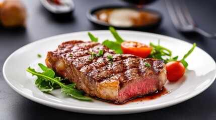 A perfectly cooked steak garnished with fresh arugula and cherry tomatoes served on a white plate during an elegant dining experience