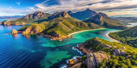 Naklejka premium Stunning Aerial View of Hazards Mountain Range and Honeymoon Bay in Freycinet National Park, Tasmania - Breathtaking Drone Footage of East Coast Nature and Landscapes