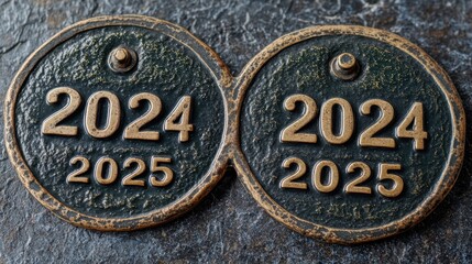 Photograph showing a pair of antique-style metallic plaques inscribed with the years 2024 and 2025, placed on a textured dark background