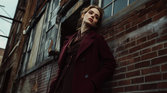 a woman in a burgundy coat