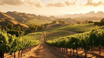 Fototapeta premium Breathtaking Scenic Vineyards at Sunset in Mountainous Countryside