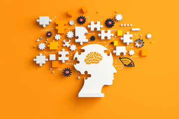 A human head with the brain in it, puzzle pieces floating above and around it on an orange background. create positive energy fun learning activities. Symbolizes lead people's thinking towards various