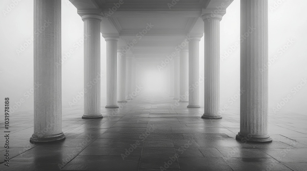 Aufkleber a serene corridor lined with tall columns disappears into a thick fog, creating a haunting yet beaut