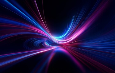 Abstract light streaks in blue and purple, flowing and swirling, with a dark background.