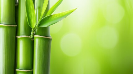 Obraz premium A vibrant close-up of fresh green bamboo stems, softened by a blurred background, ideal for placing text. The natural green hues evoke calm and nature