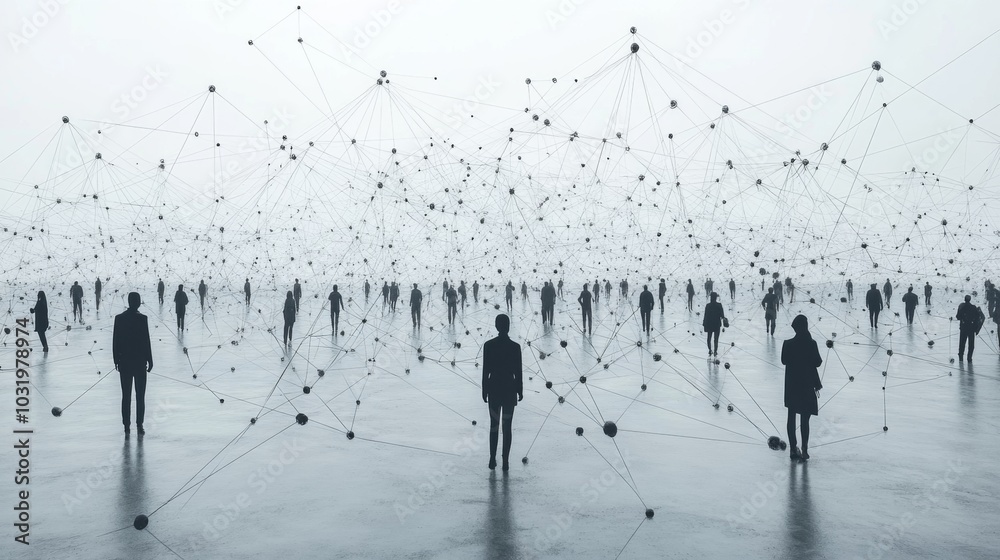 Aufkleber A group of individuals stands in a large, open area surrounded by numerous lines and nodes, symbolizing complex connections between them. The atmosphere conveys a sense of unity and interaction.