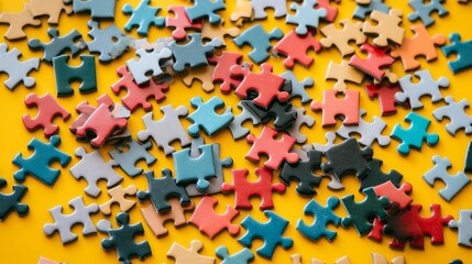 Scattered Colorful Puzzle Pieces on Yellow Background, Puzzle Game, Problem Solving Concept