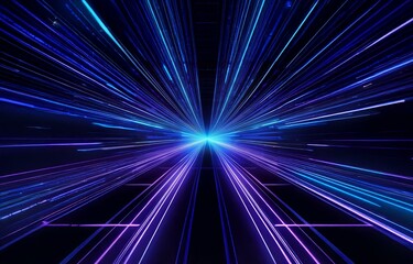 Abstract blue and purple glowing lines converge in a futuristic digital tunnel.