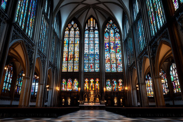 Interior of a grand cathedral with stained glass.
