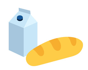 Bread and milk. A loaf and a pack of milk or drink. Color simple flat illustration.