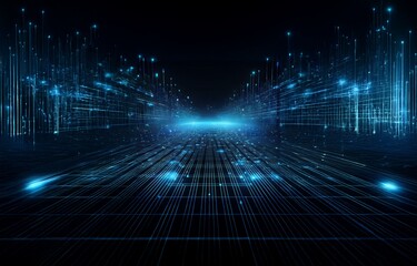 A digital landscape of glowing blue lines and points that extend into the distance.