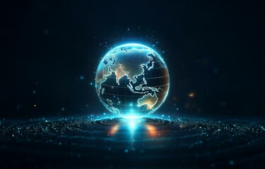 A glowing blue digital globe with a grid pattern on a dark background with a swirling circle of lights.