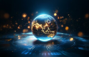 A glowing golden globe with a futuristic grid and continents resting on a blue, digital surface with blurred lights in the background.