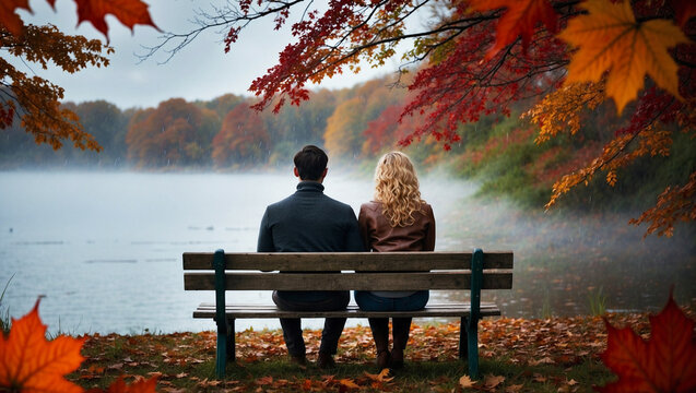 ouple sitting on a park bench, enjoying a peaceful moment by the lake during a rainy autumn day