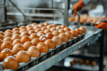 A conveyor belt with many eggs in cartons