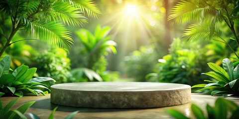 Sunlit Round Stone Podium in Lush Tropical Paradise with Bokeh Effect, Nature's Serenity, Jungle Vibes, Tranquil Environment, Greenery, Natural Light, Outdoor Setting