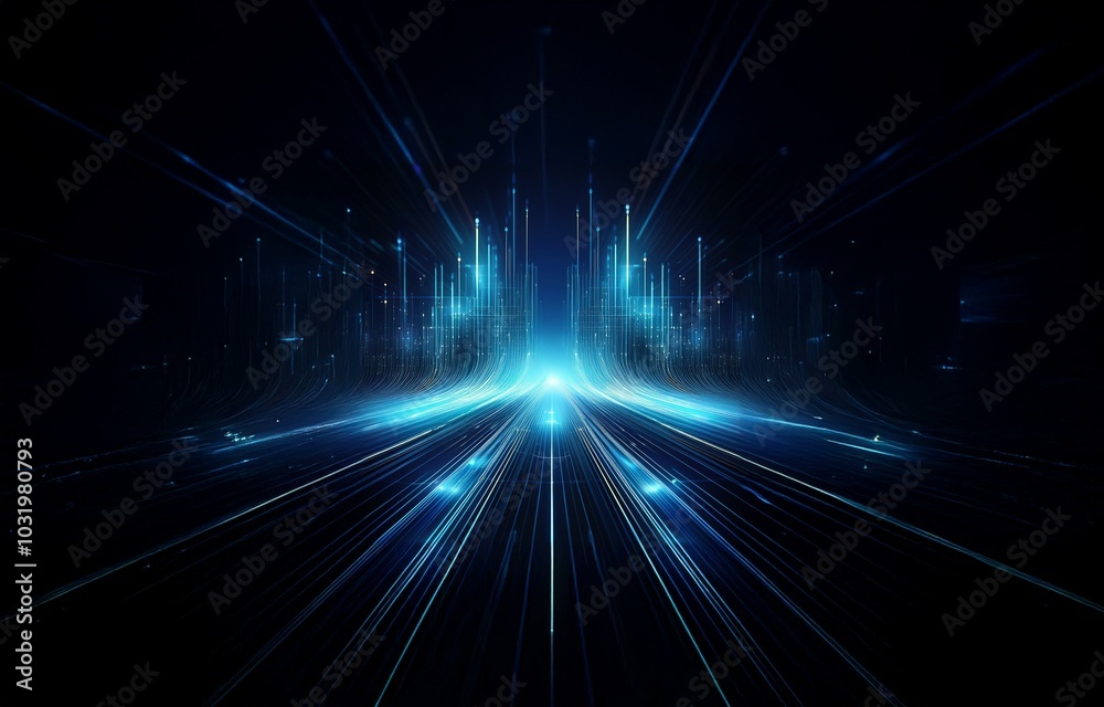 Canvas Prints abstract digital cityscape with a glowing blue road extending into the distance.