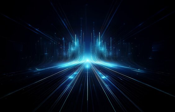 Abstract digital cityscape with a glowing blue road extending into the distance.