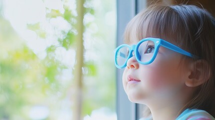 Young child wearing blue glasses focusing on distant tree outside window, symbolizing myopia prevention and importance of outdoor activities.