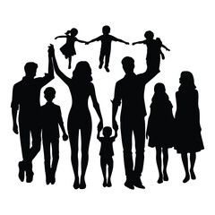 Silhouette of a black family holding handsets vector with white background