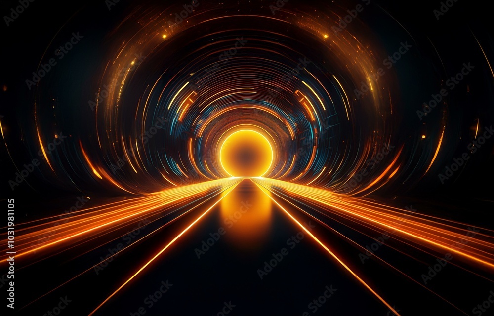 Wall mural an abstract futuristic glowing tunnel with a bright glowing circle in the center.