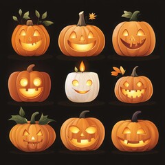 Collection of cheerful Halloween pumpkins, featuring various expressions and glowing lights, perfect for festive decorations.