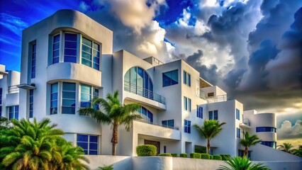 Obraz premium Surreal Modern Architecture in Puerto Rico: White Buildings with Blue Windows Against a Vibrant Sky