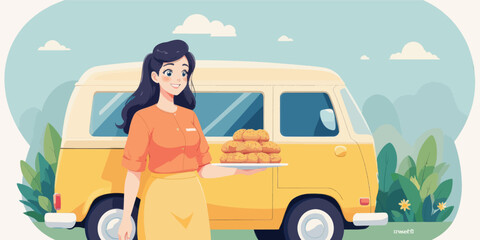Fototapeta premium Woman Offering Pastries Near Yellow Van
