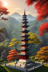 3D rendered illustration of a Bali temple pagoda against a vibrant Asian sky