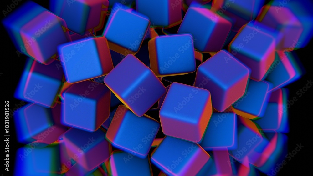 Poster abstract 3d cluster of gradient cubes with purple and blue neon hues
