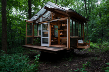 Modern glass house in a lush green forest
