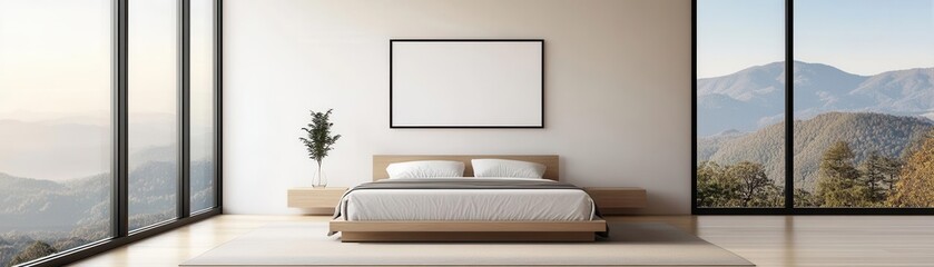 Minimalist bedroom with floor-to-ceiling windows and a simple bed, mock-up for wall art or decor, serene and spacious design