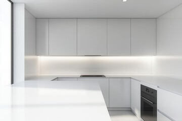 Minimalist kitchen with white countertops, sleek cabinets, and empty wall space, mock-up for kitchen appliances, modern interior design
