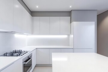 Minimalist kitchen with white countertops, sleek cabinets, and empty wall space, mock-up for kitchen appliances, modern interior design